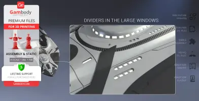 Close-up of the USS Orville 3D model showing large window dividers for 3D printing.