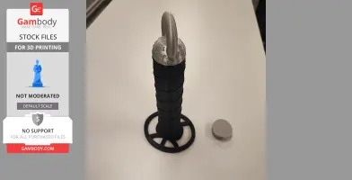 A stackable, collapsible sword model on a stand with a separate circular piece beside it.