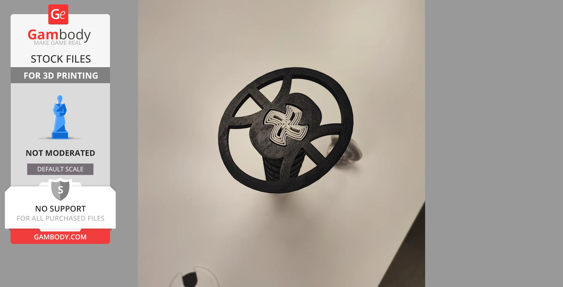 A 3D-printed sword model with a circular guard featuring a cross pattern, viewed from above.