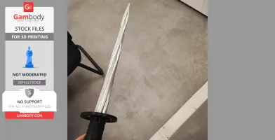 A detailed 3D-printed silver sword with a twisting blade, black grip, and circular guard, held upright.