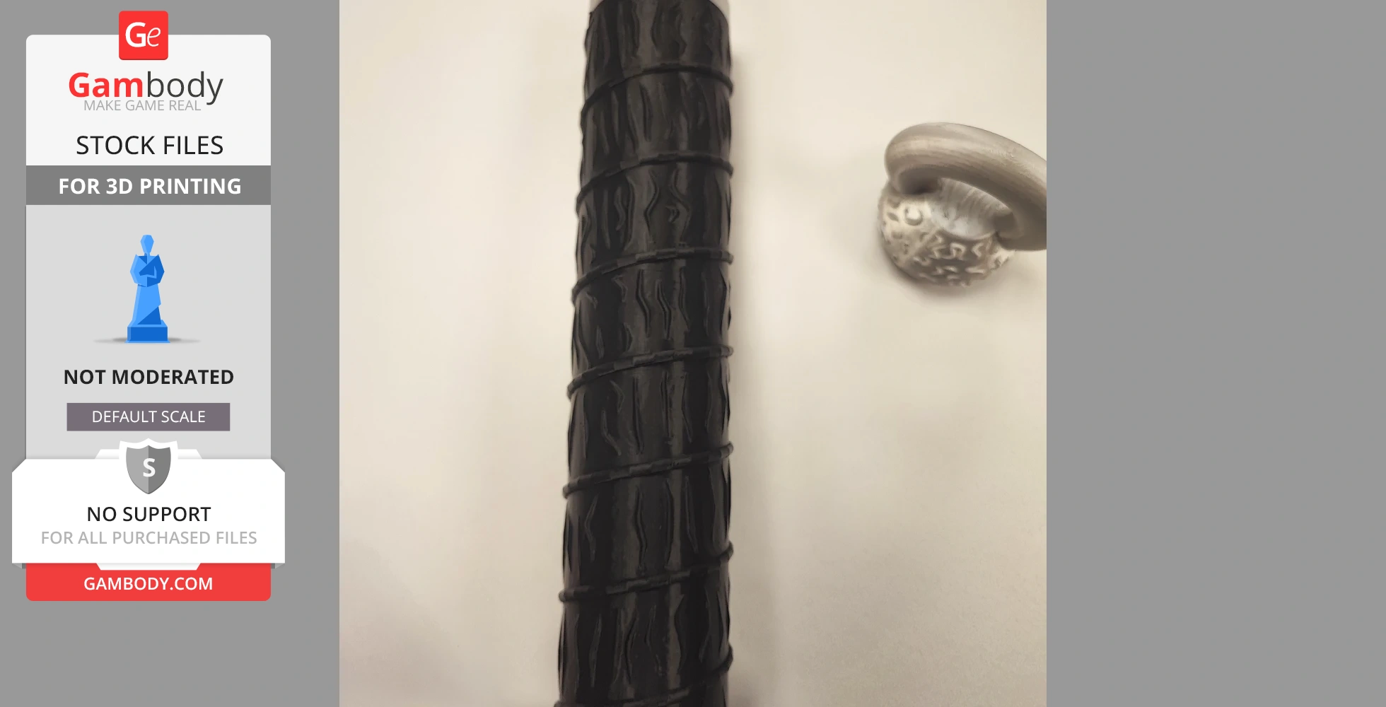A textured black sword handle with spiral grooves next to a round, ornate, silver object.