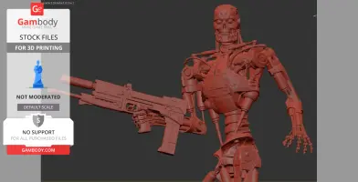 A highly detailed 3D model of the T-800 Terminator holding a weapon, designed for 3D printing.