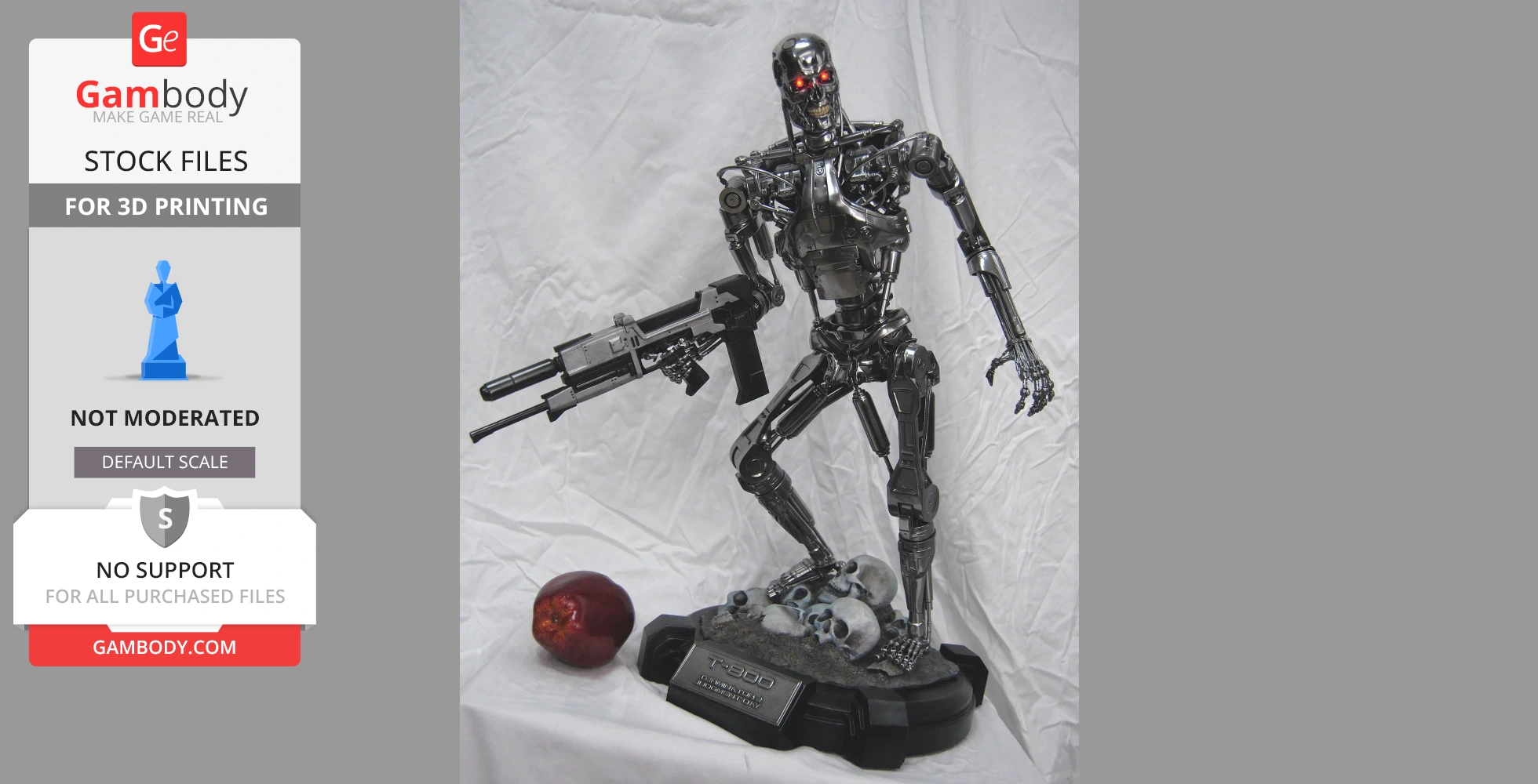 A detailed T-800 figure from Terminator 2, standing with a weapon on a skull-themed base, ready for 3D printing.
