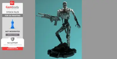 A detailed T-800 Terminator model holding a weapon, posed on a base, ready for 3D printing.