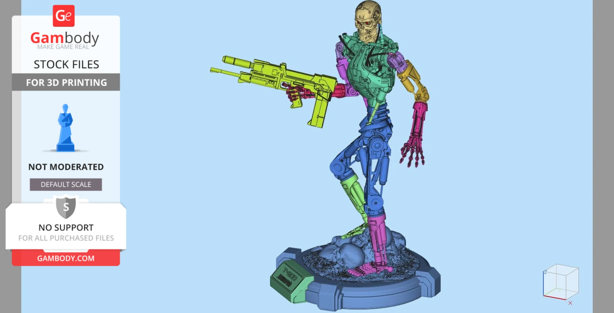 Colorful T-800 Terminator model holding a gun, standing on a themed base, ready for 3D printing.