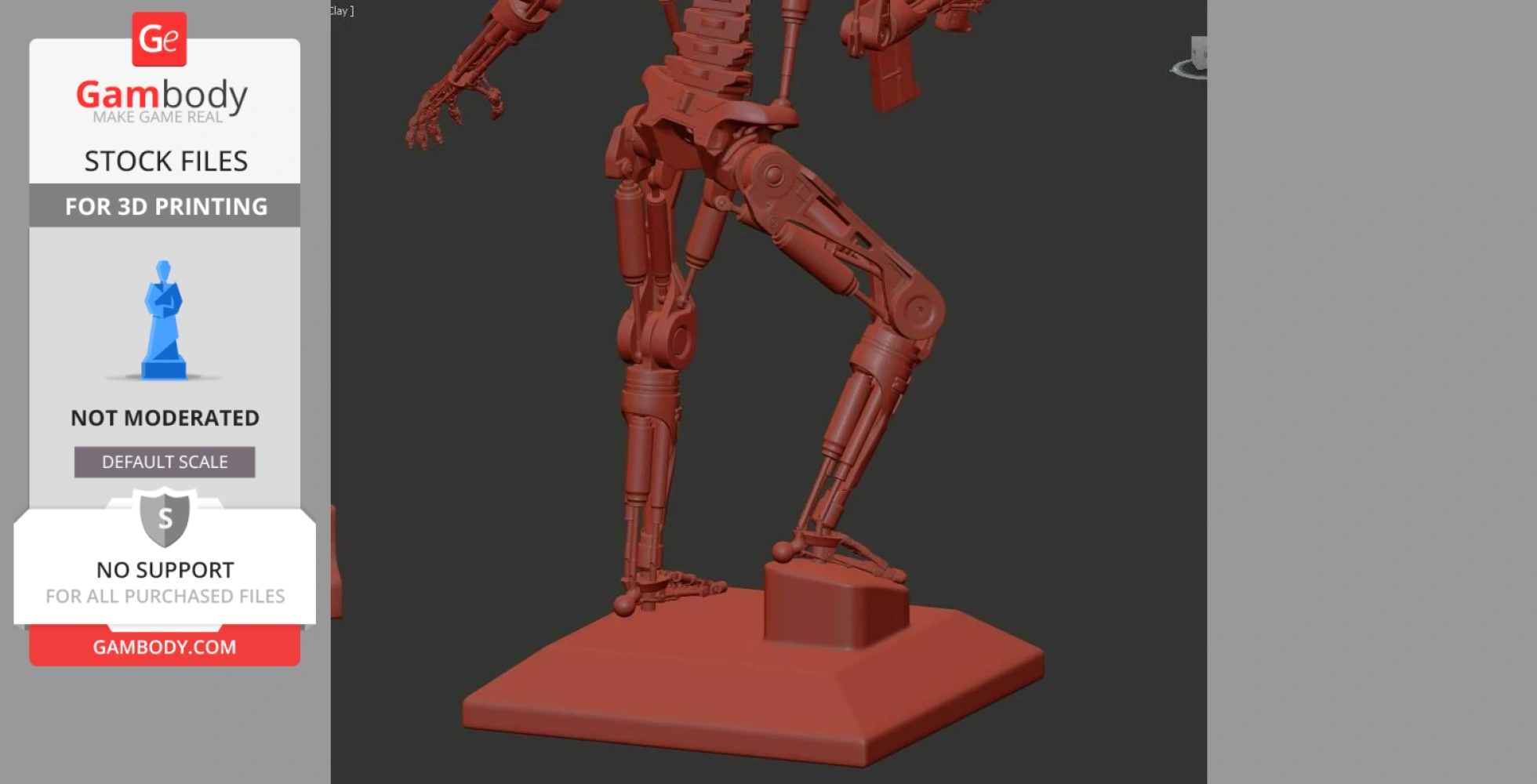A 3D model of a T-800 Terminator leg posed on a platform, designed for 3D printing.