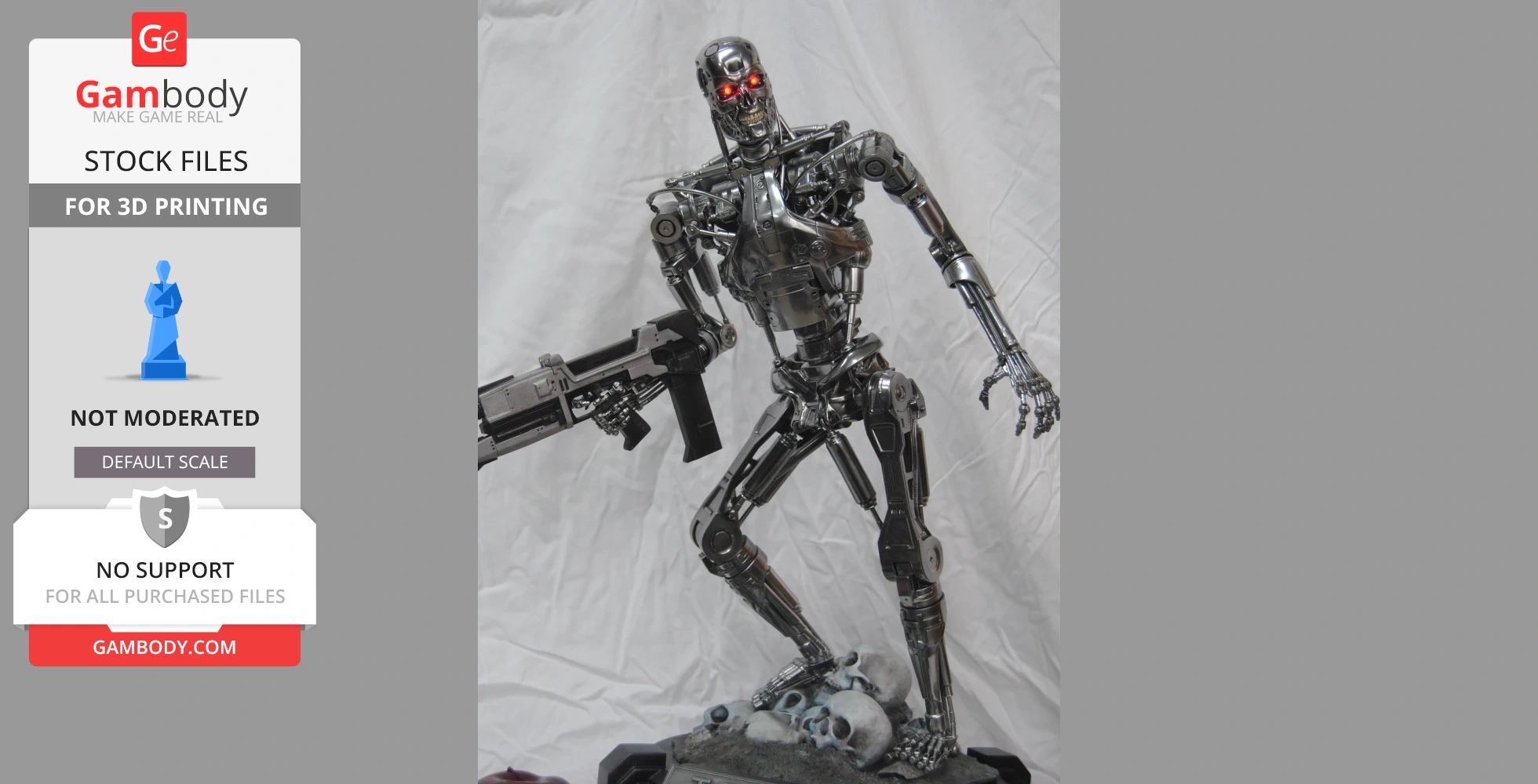 A metallic robot with red eyes holding a gun, standing on a base with skulls.