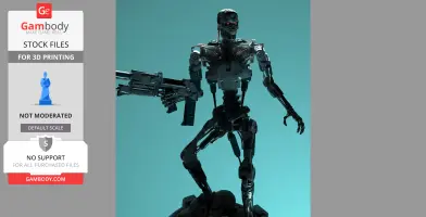 A detailed 3D model of a T-800 Terminator robot holding a gun, set against a teal background.