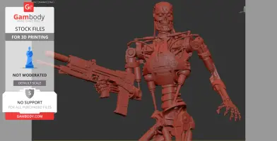 A detailed 3D model of a T-800 Terminator robot from Terminator 2, posed holding a large gun.