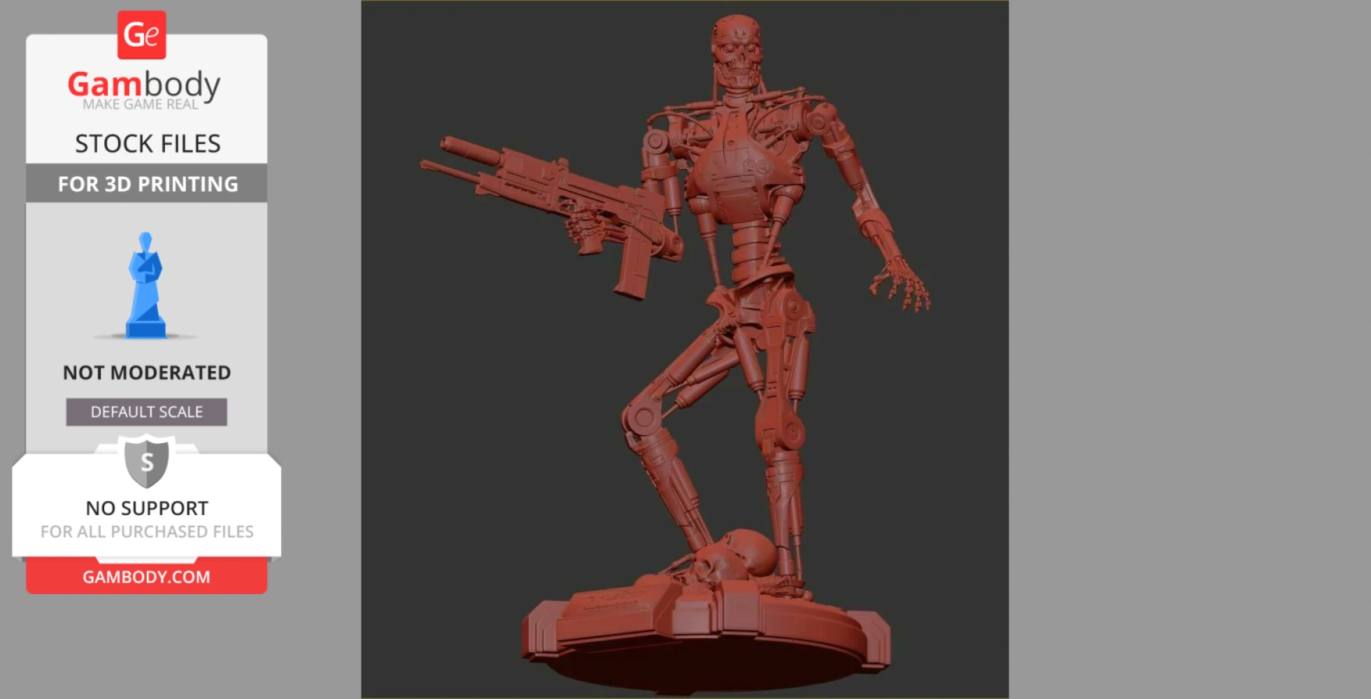A detailed 3D model of a T-800 Terminator holding a weapon, standing on a base with skulls.