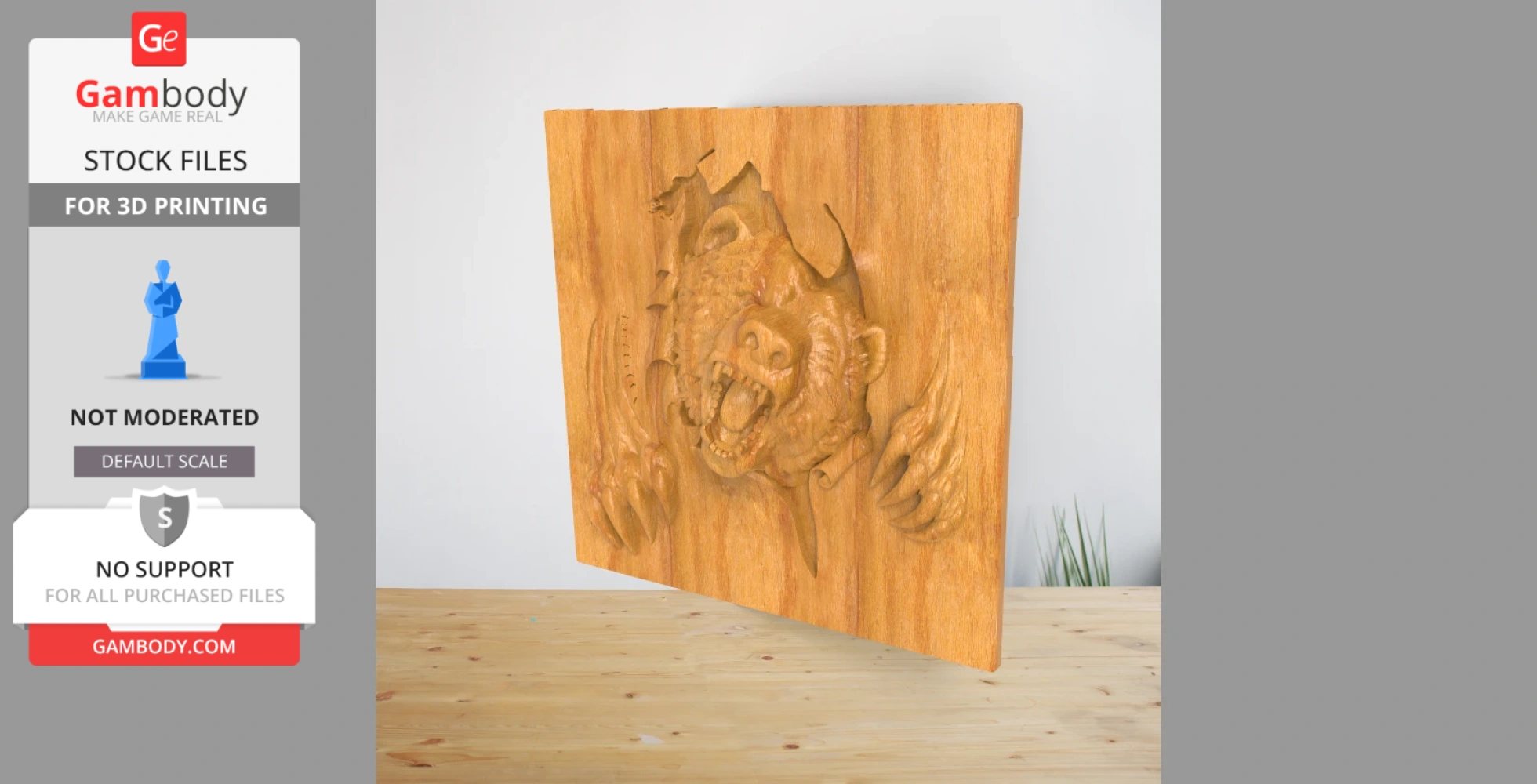 Wooden relief panel of a bear's head and paws, designed for 3D printing.