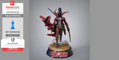 A detailed 3D model of a caped, masked figure with weapons, standing on a base labeled 'Spawn.'