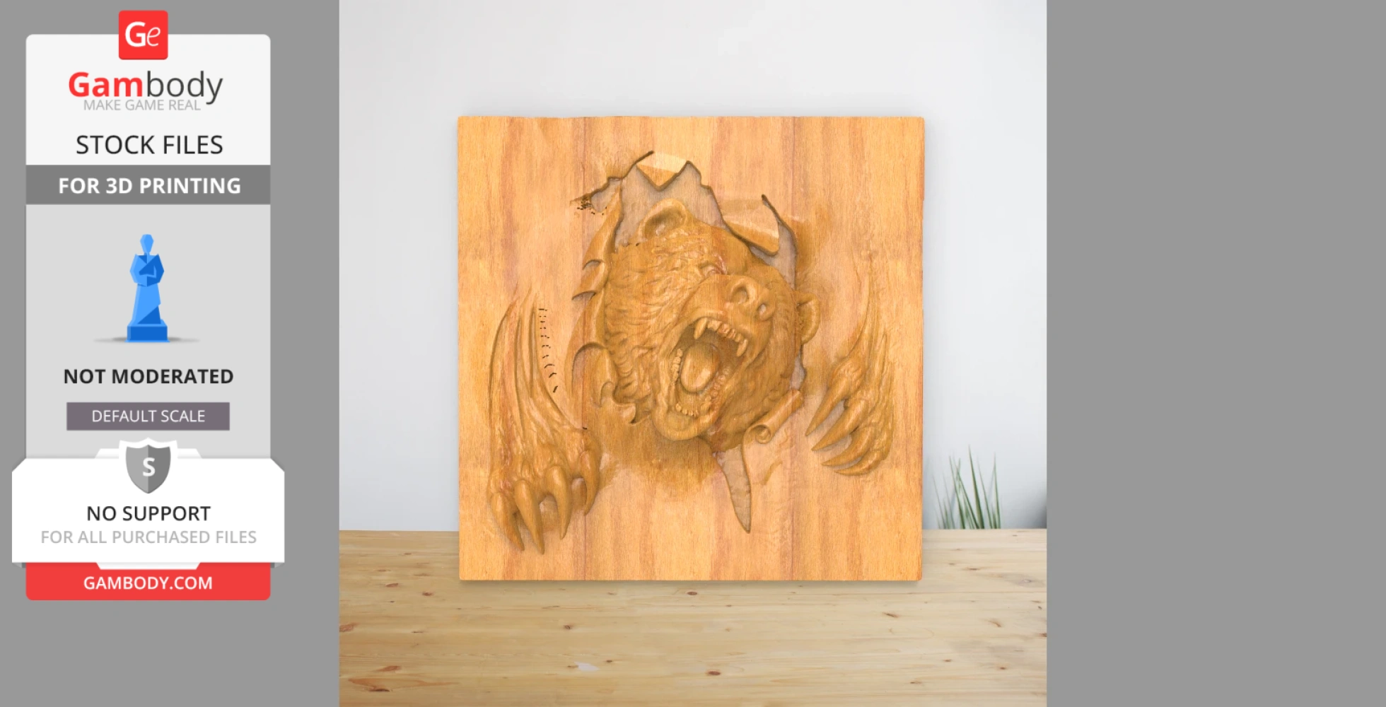Wooden relief of a roaring bear with claws extended, designed for 3D printing.