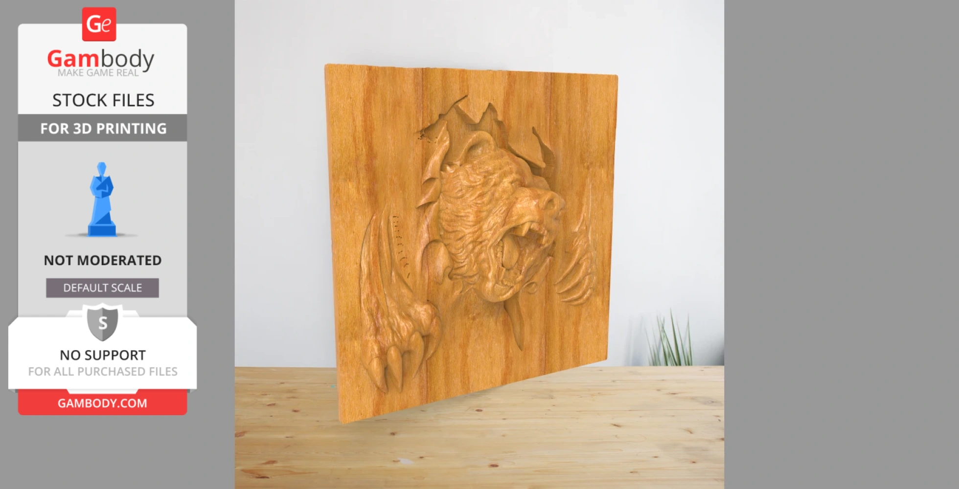 A 3D relief model of a roaring bear's head and paw on a wooden panel.