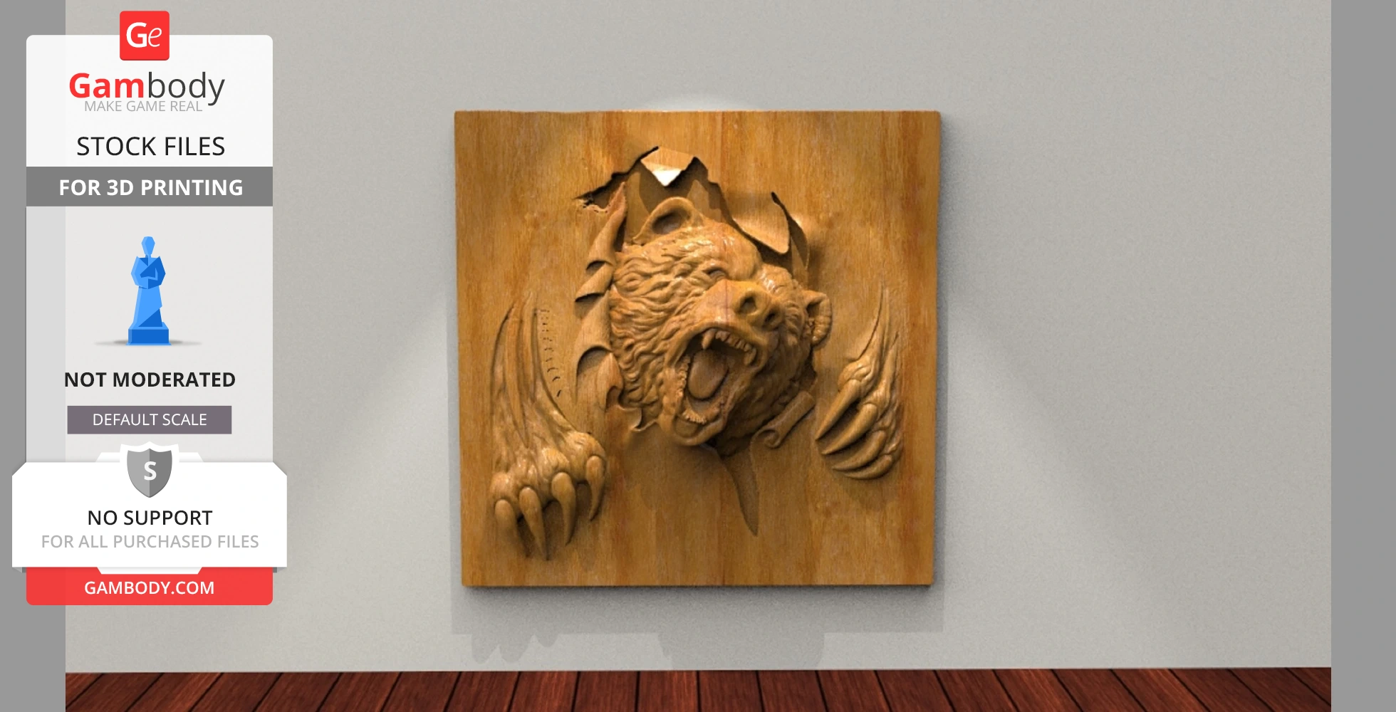 3D relief of a roaring bear breaking through a wooden surface, designed for 3D printing.