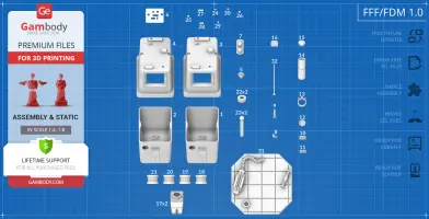 Exploded parts diagram for a Gonk Droid 3D model, detailing assembly pieces for printing.