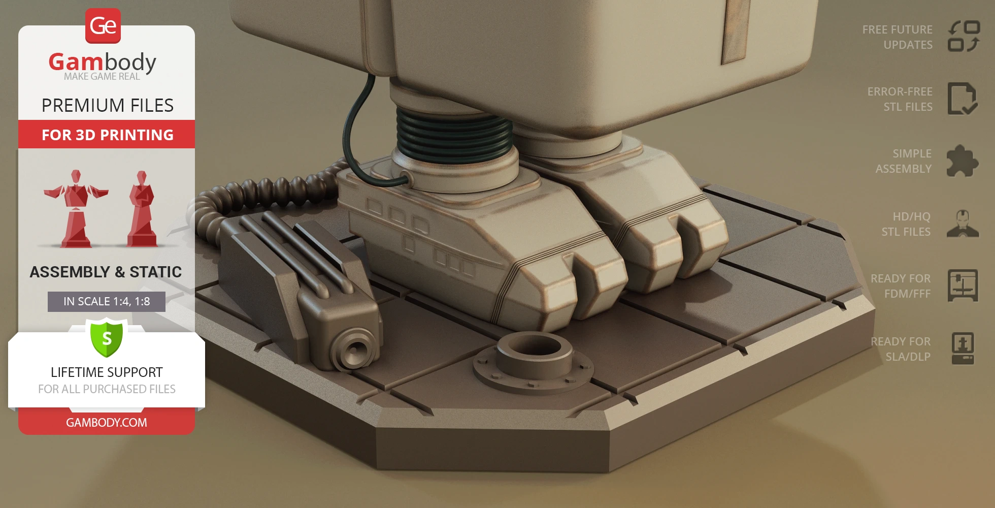 Robotic feet on a textured platform, featuring coiled cables and mechanical details for 3D printing.