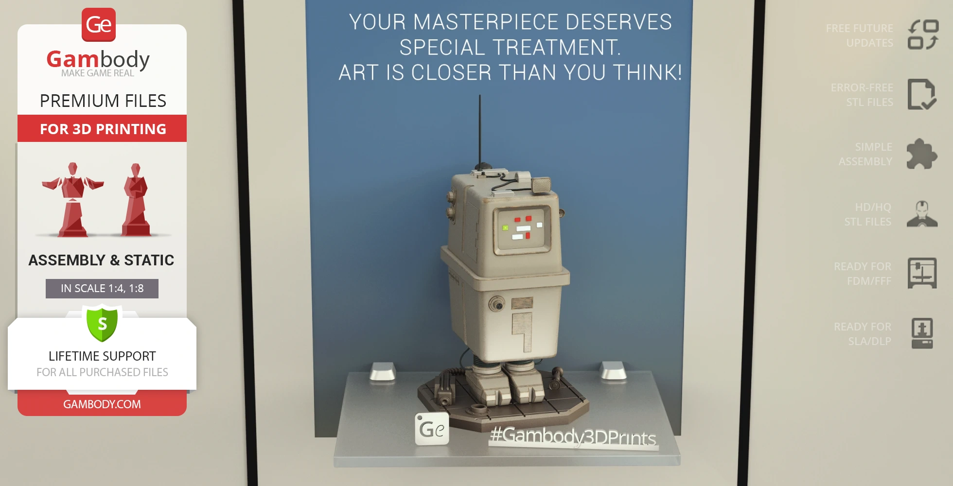 A Gonk Droid 3D model on display, showcasing its boxy design and small feet for 3D printing.