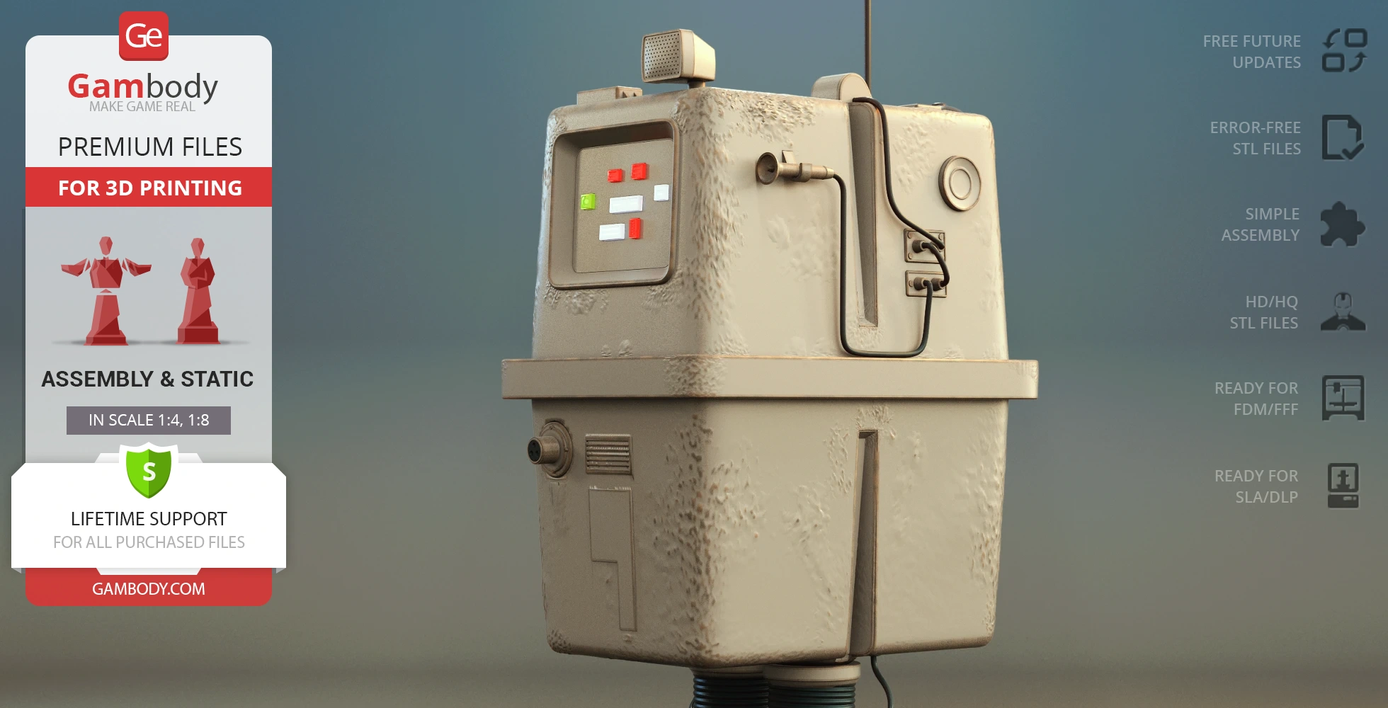 A blocky, weathered droid with buttons and a textured surface, designed for 3D printing.