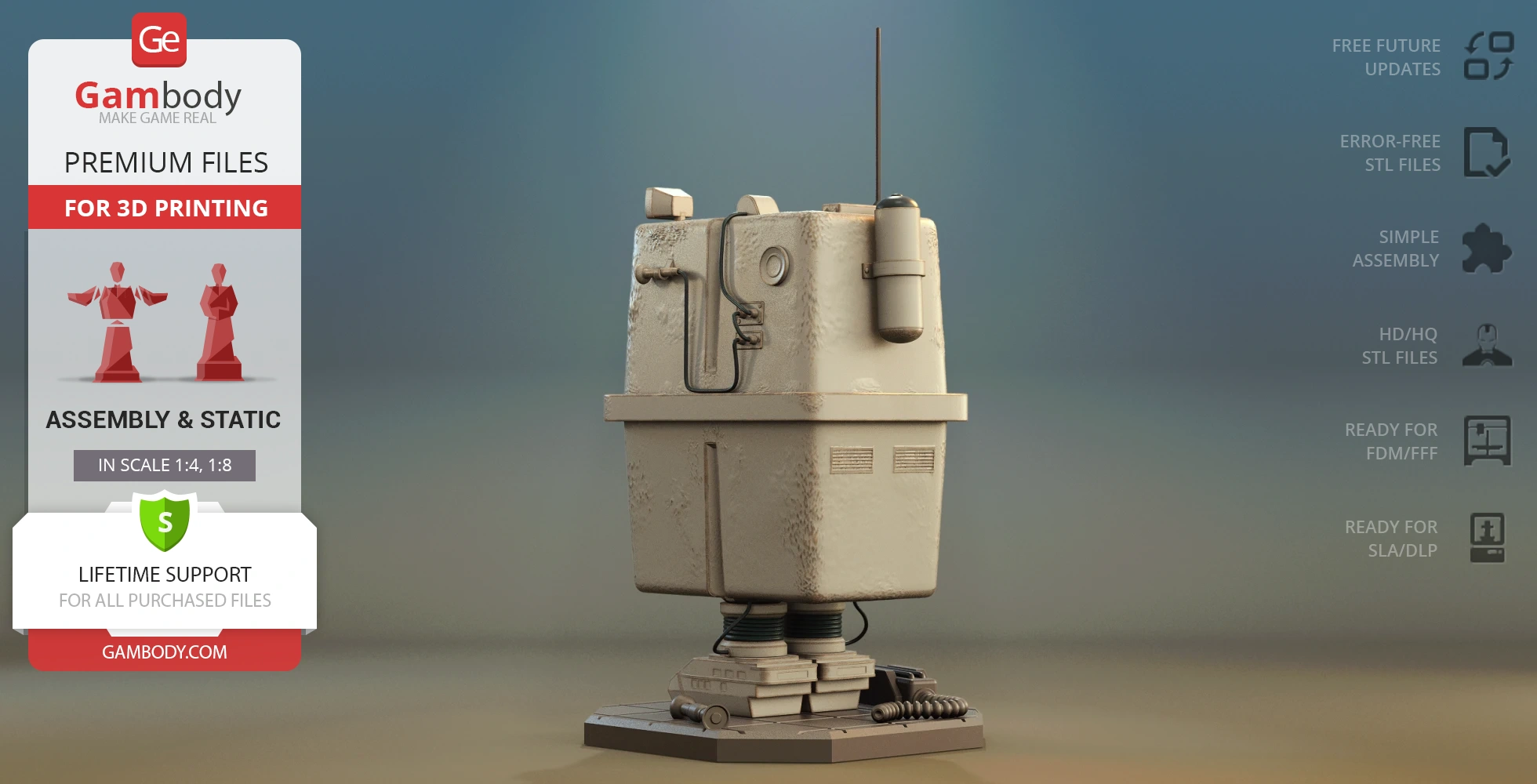 A 3D model of a Gonk Droid on a display platform, featuring intricate mechanical details and textures.