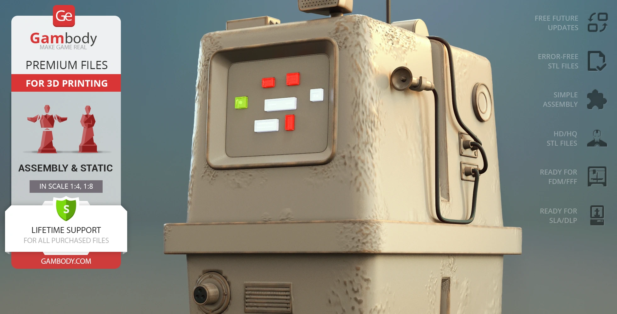 A detailed 3D Gonk Droid model for printing, featuring textured surfaces and control panel details.