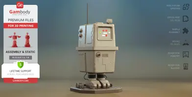 A boxy, weathered droid model with buttons and antennas, standing on a platform, ready for 3D printing.