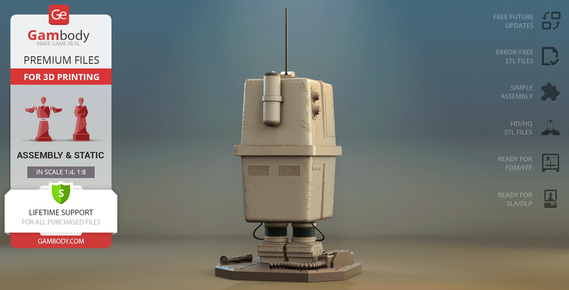 A blocky, box-like droid with antenna and detailed mechanical base, ready for 3D printing.