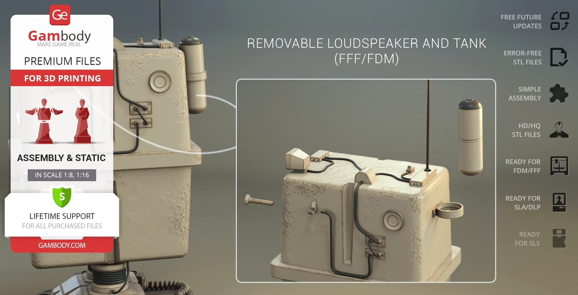 3D model of a Gonk Droid with removable parts, designed for 3D printing.