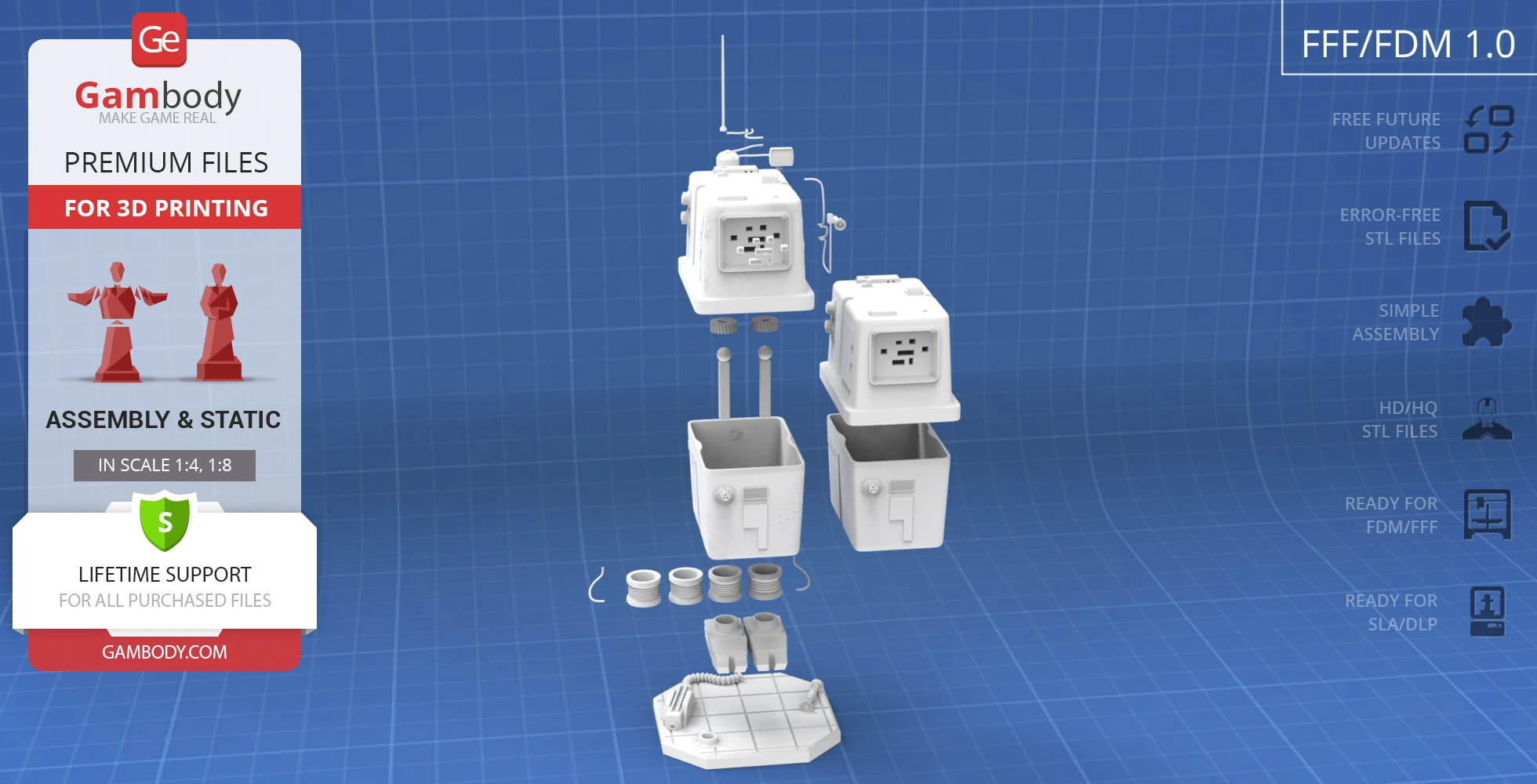Exploded view of a Gonk Droid 3D model for printing, showing separate components and assembly.