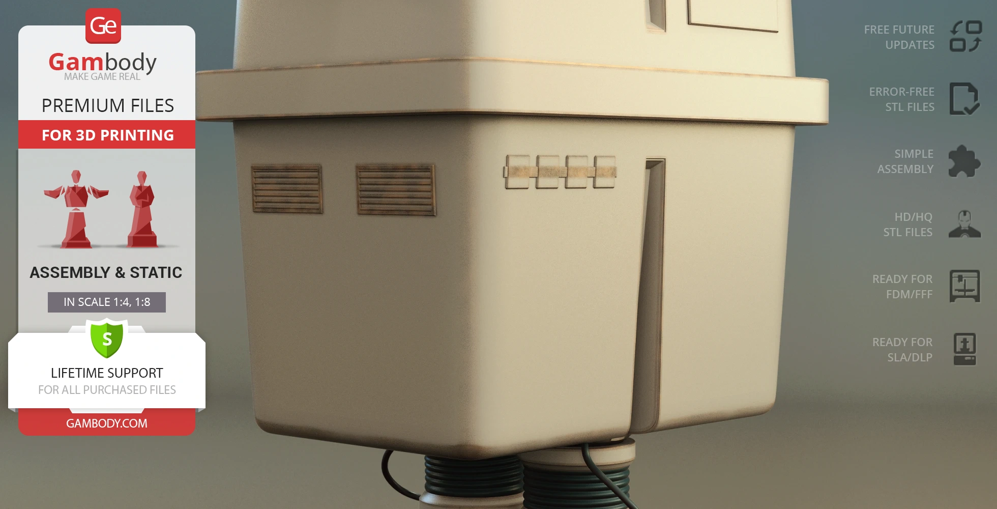 A detailed Gonk Droid 3D model with textured panels and cables, ready for printing.