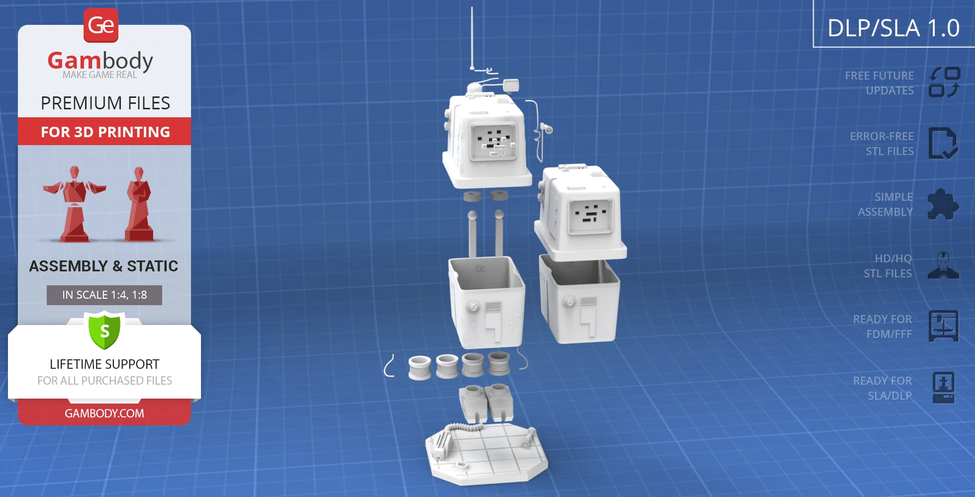 Exploded view of 3D printable Gonk Droid parts, displayed on a blue grid background.