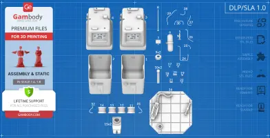 Blueprint showing 3D model parts of the Gonk Droid for assembly, labeled for 3D printing on a blue grid background.
