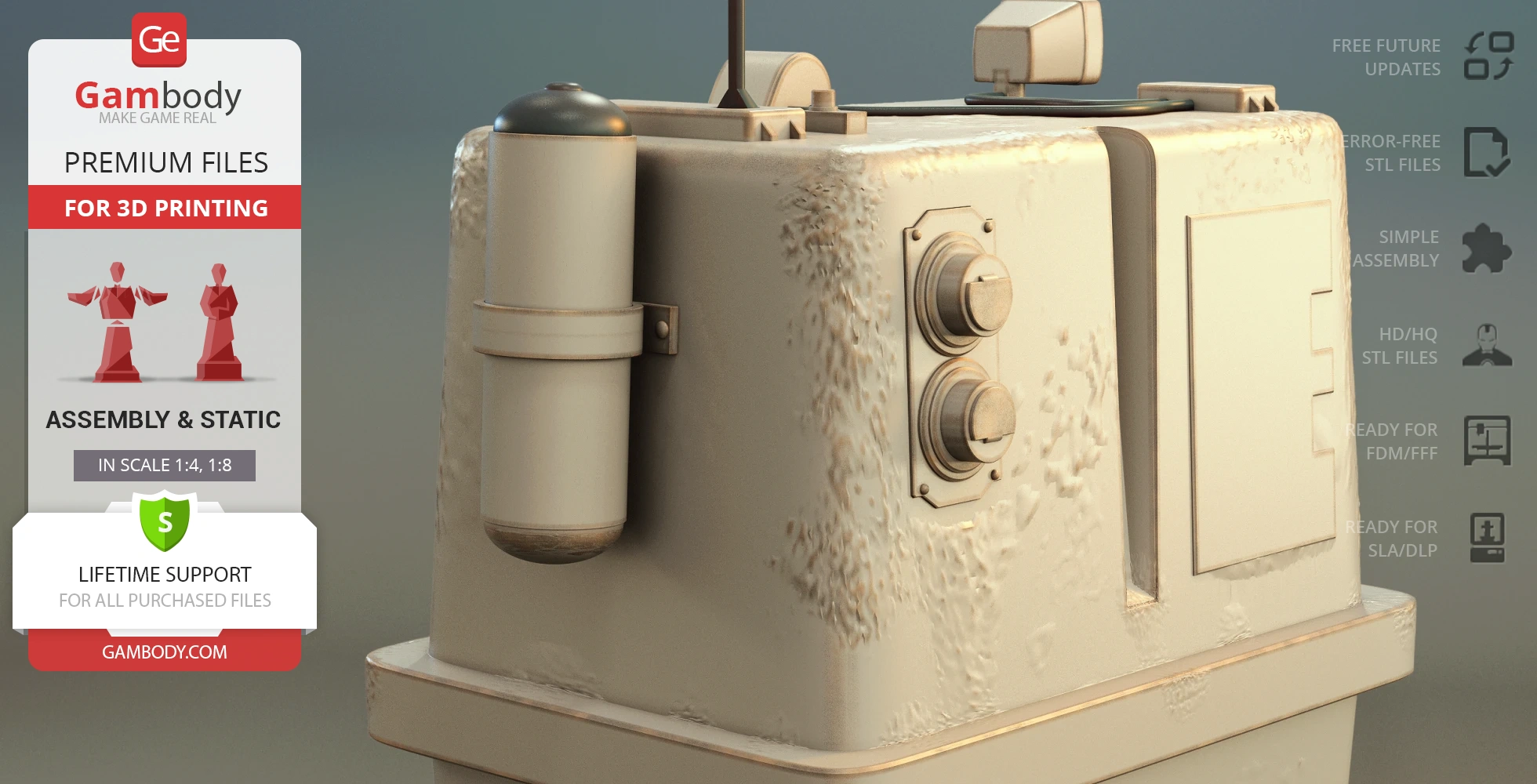 Beige, boxy Gonk Droid model with control panels, rust textures. Designed for 3D printing.