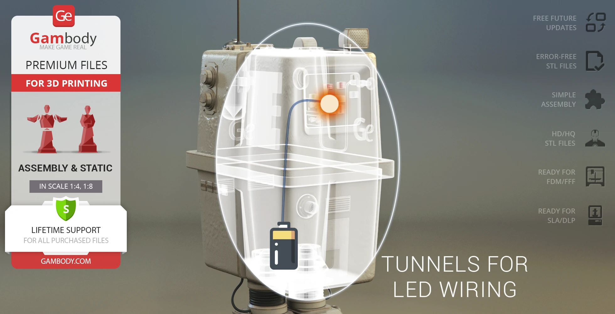3D model of a Gonk Droid with LED wiring tunnels highlighted, available for printing on Gambody.