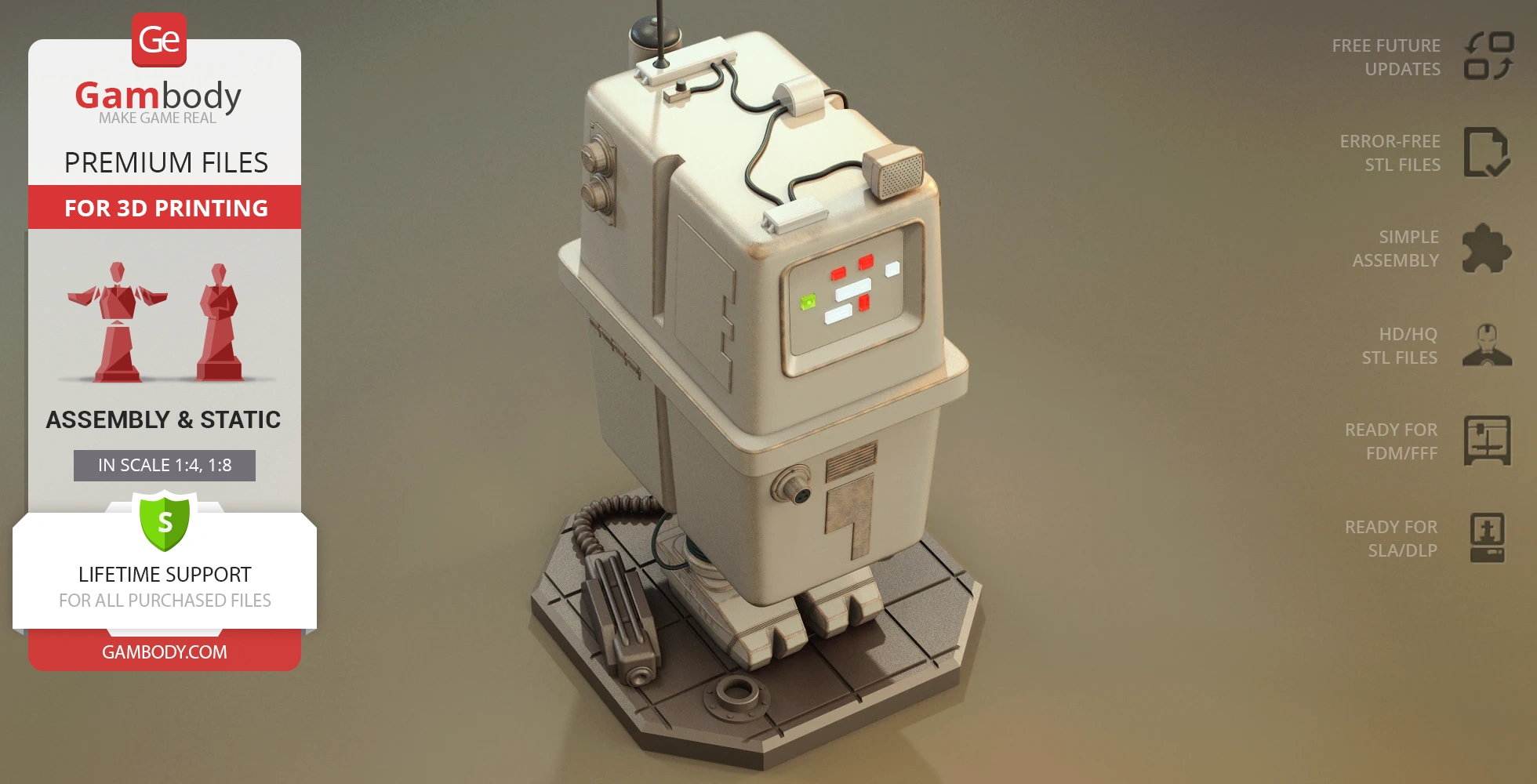 A 3D model of a Gonk Droid on a futuristic base, designed for 3D printing, displayed on Gambody platform.