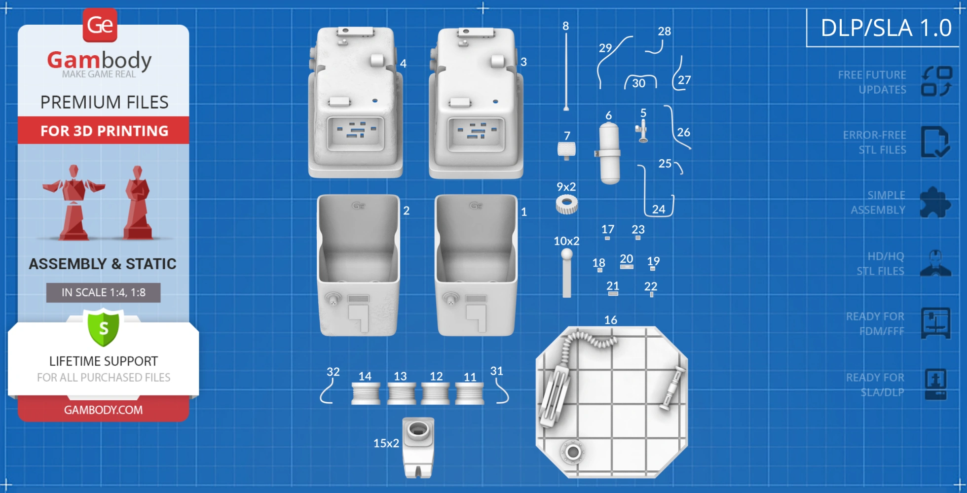 Blueprint showing 3D model parts of the Gonk Droid for assembly, labeled for 3D printing on a blue grid background.