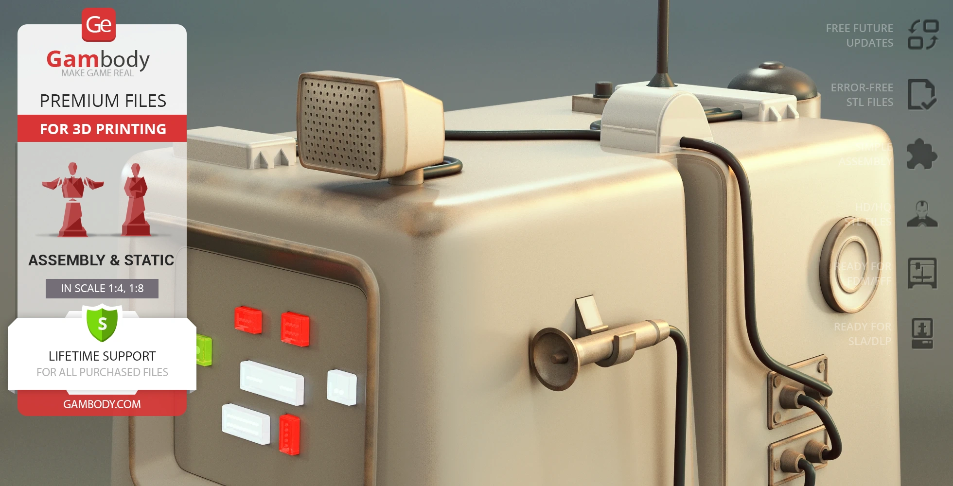 Detailed Gonk Droid 3D model for printing, showing components and assembly instructions from Gambody.
