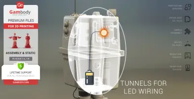 3D model of a Gonk Droid with LED wiring tunnels highlighted, available for printing on Gambody.