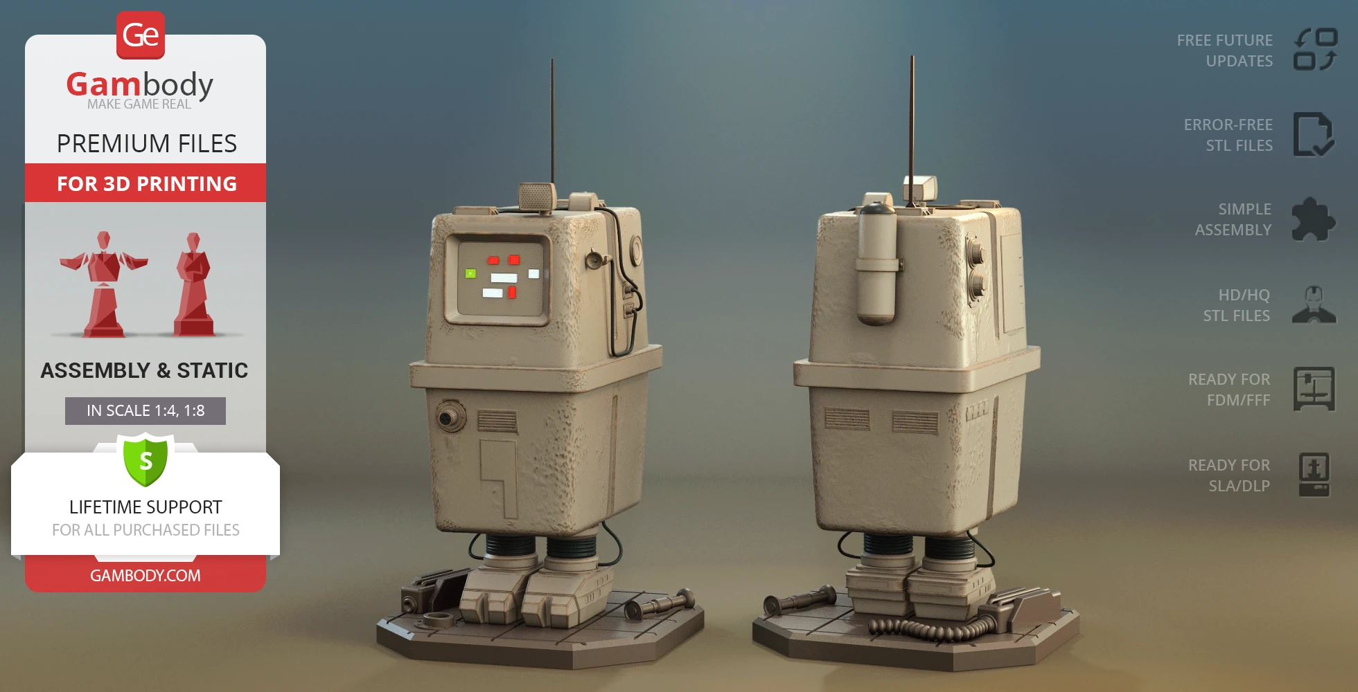 Blocky, rectangular robot with antennas and wires, standing on mechanical feet, designed for 3D printing.