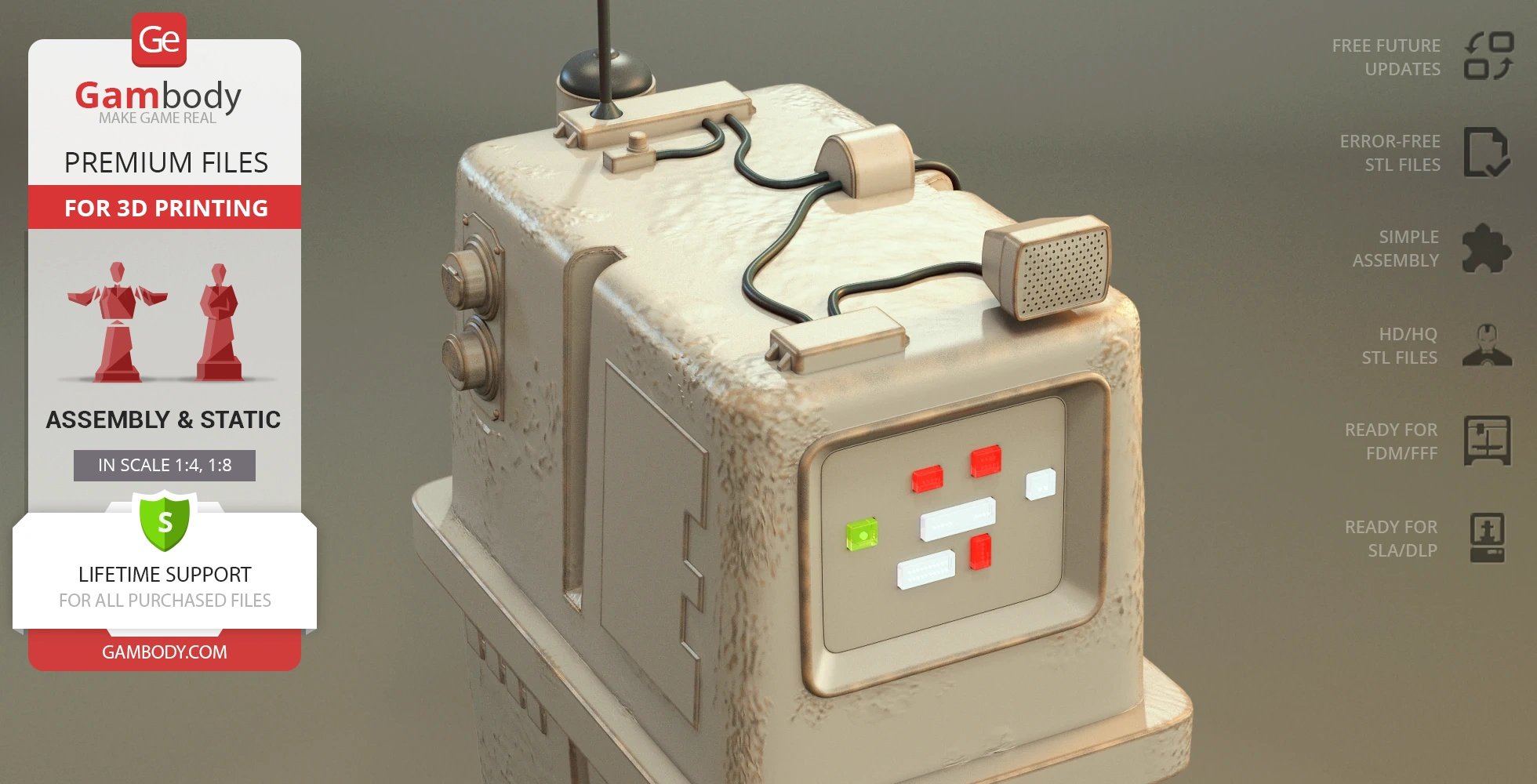 A boxy, weathered Gonk Droid model with wires and buttons, prepared for 3D printing on Gambody.