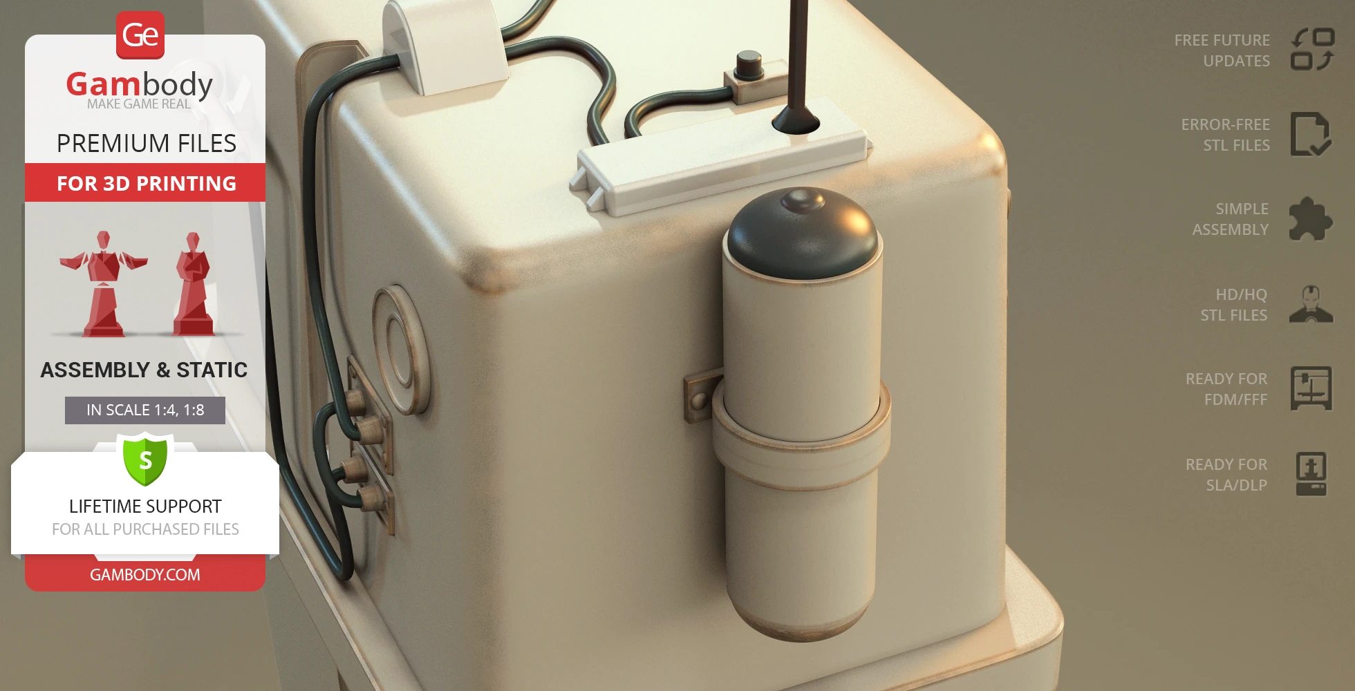 Close-up of a detailed Gonk Droid 3D model with wires and cylindrical attachments.