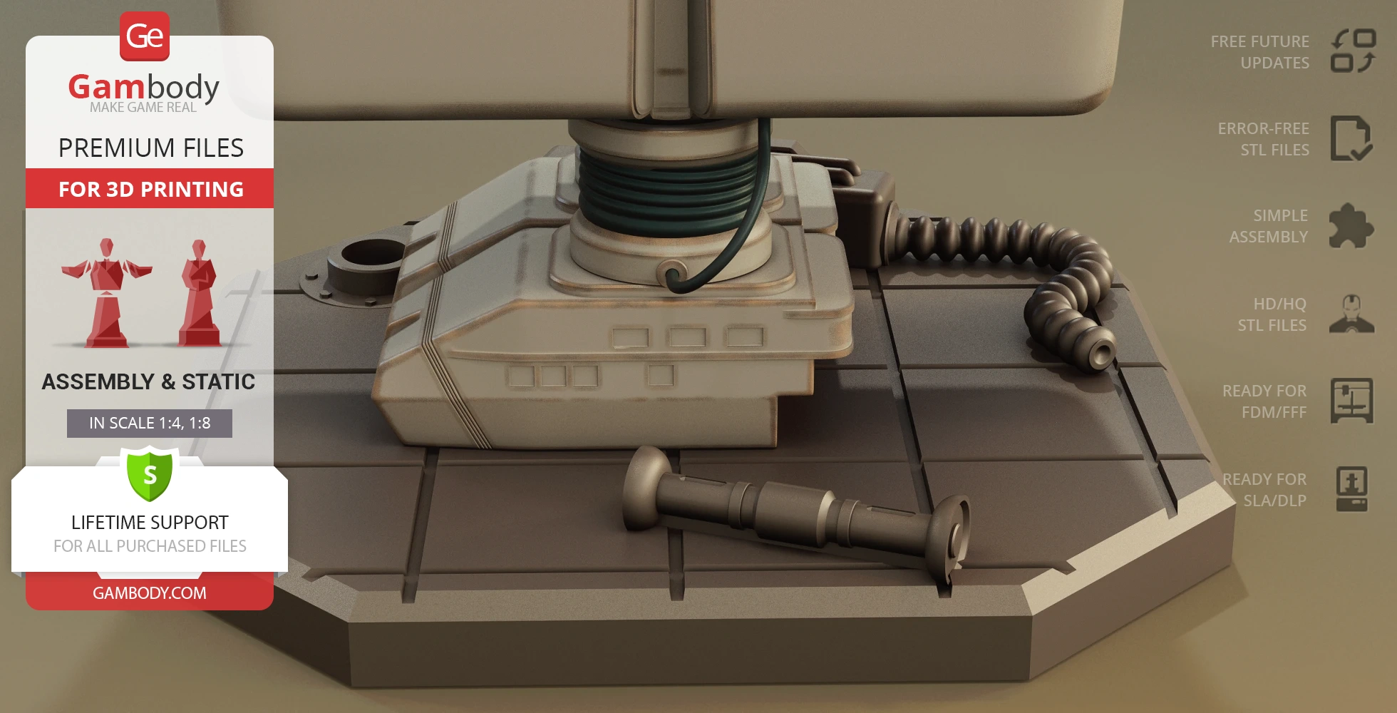 Detailed base and components of a Gonk Droid model for 3D printing, showcasing wires and parts for assembly.