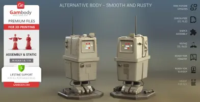 Two Gonk Droid models with a smooth, rusty texture on display stands.