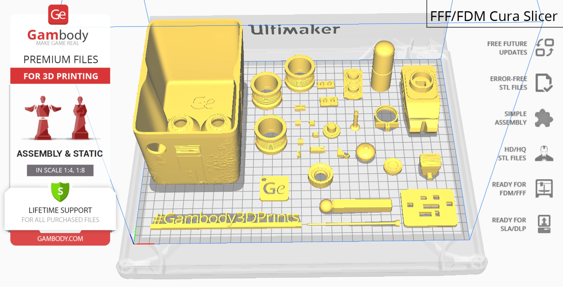 3D model parts of the Gonk Droid laid out for printing, shown in a slicer preview on a grid platform.