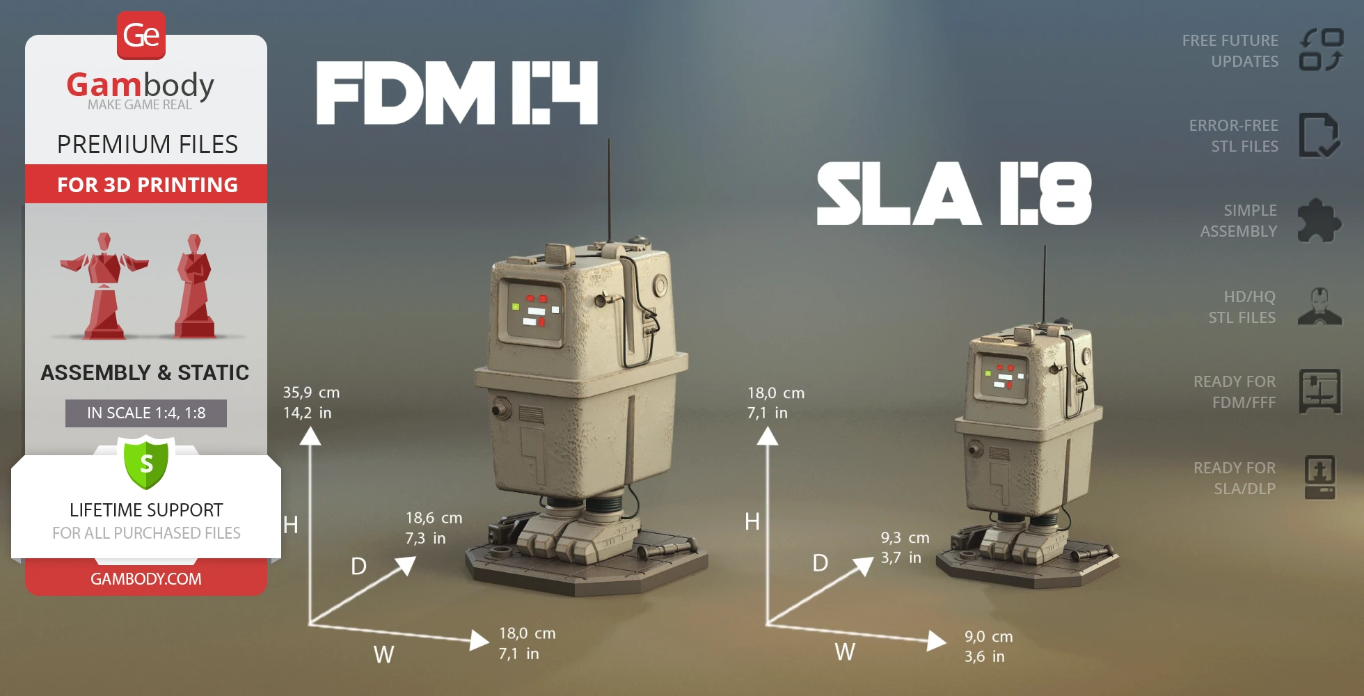 3D model of a Gonk Droid for printing, shown in different scales with measurements and print options.