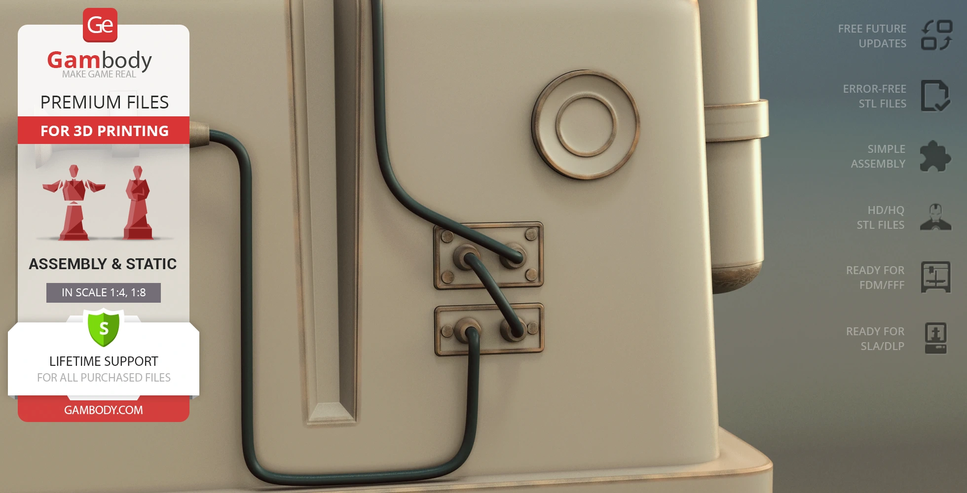 Close-up of a Gonk Droid 3D model showing wires and panels, with printing details and logo on the overlay.