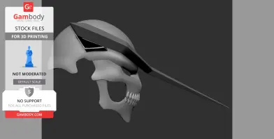 A 3D model of a skull-like mask with sharp teeth and an elongated horn, designed for 3D printing.