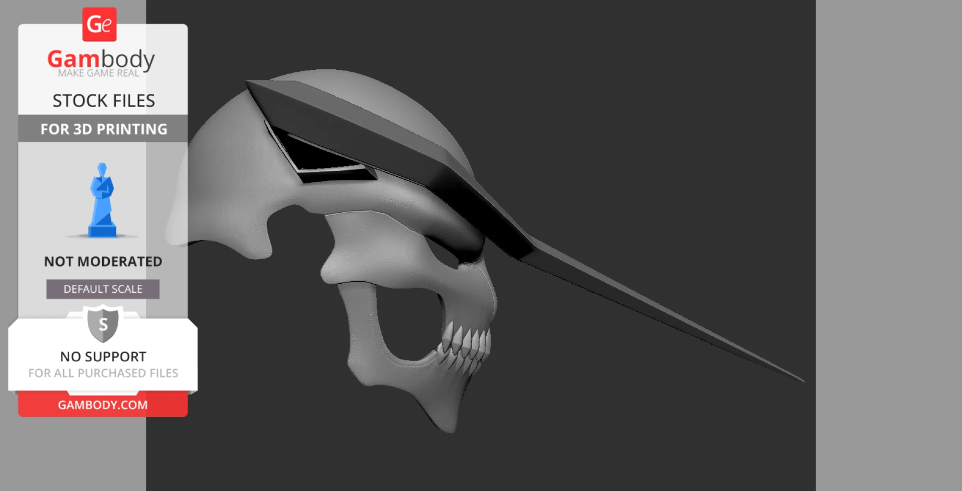 A 3D model of a skull-like mask with sharp teeth and an elongated horn, designed for 3D printing.