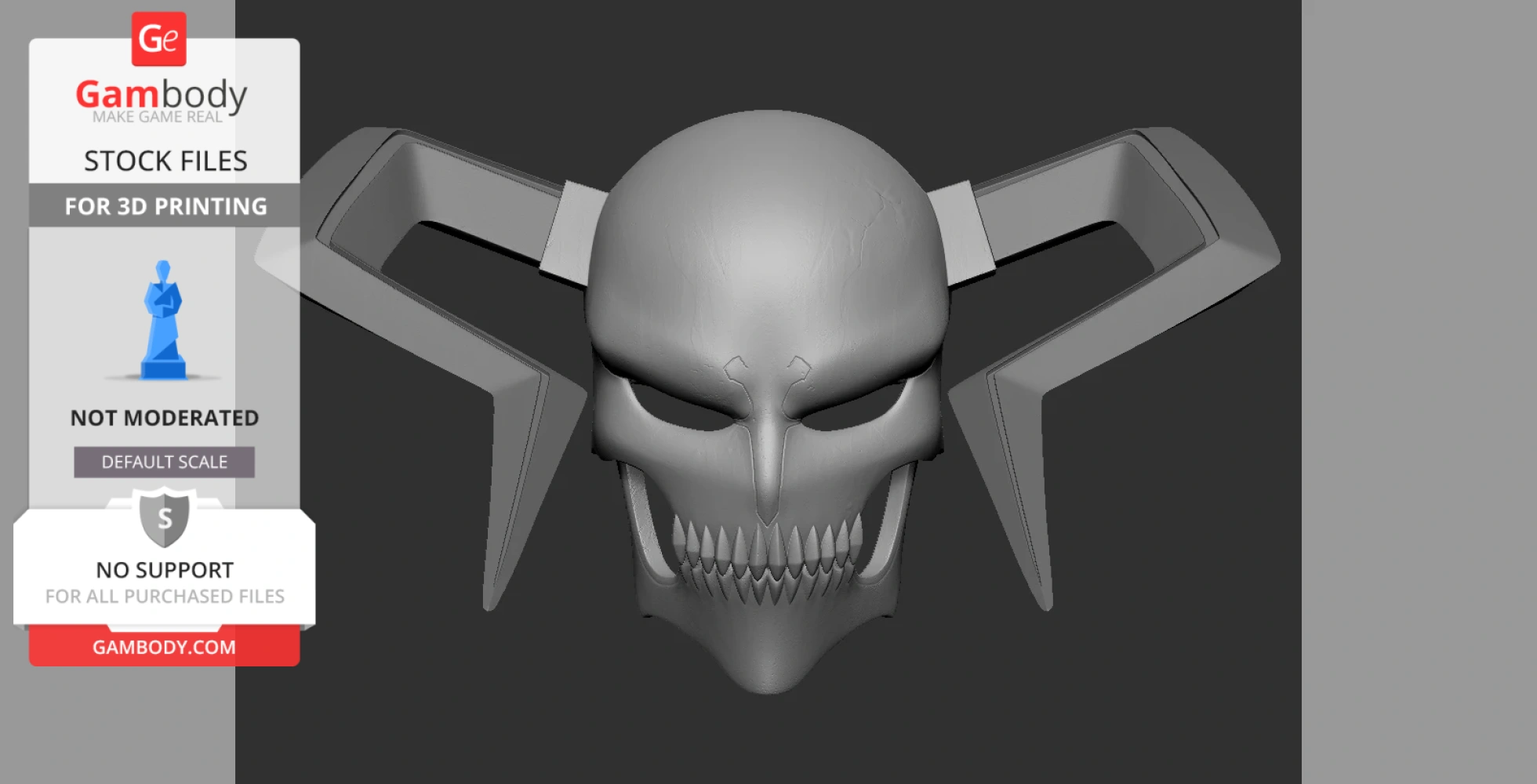 A 3D model of a menacing skull-like mask with large, angular horns for 3D printing.