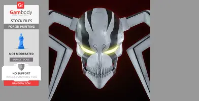 A stylized 3D model of a skull-like mask with glowing yellow eyes and jagged teeth, featuring large, angular extensions.